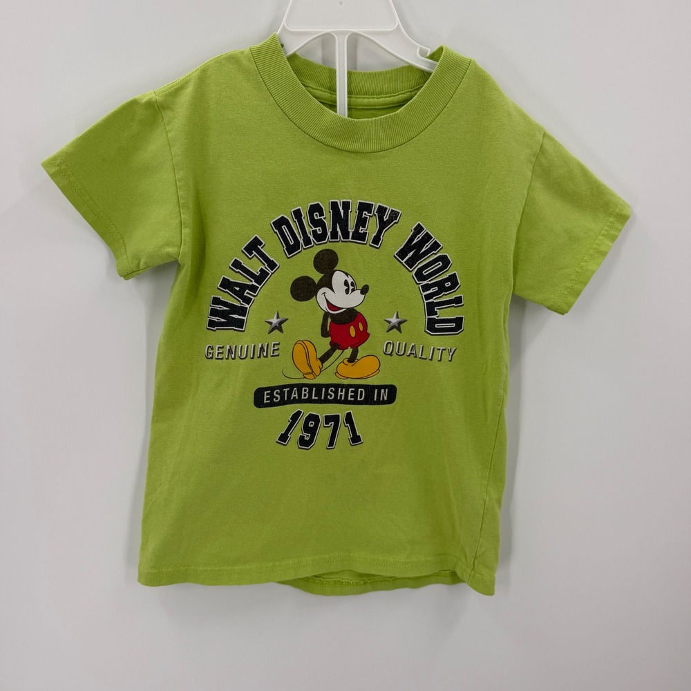 Disney world Mickey Mouse Graphic T-Shirt Kids XS Lime Green Retro Est 1971